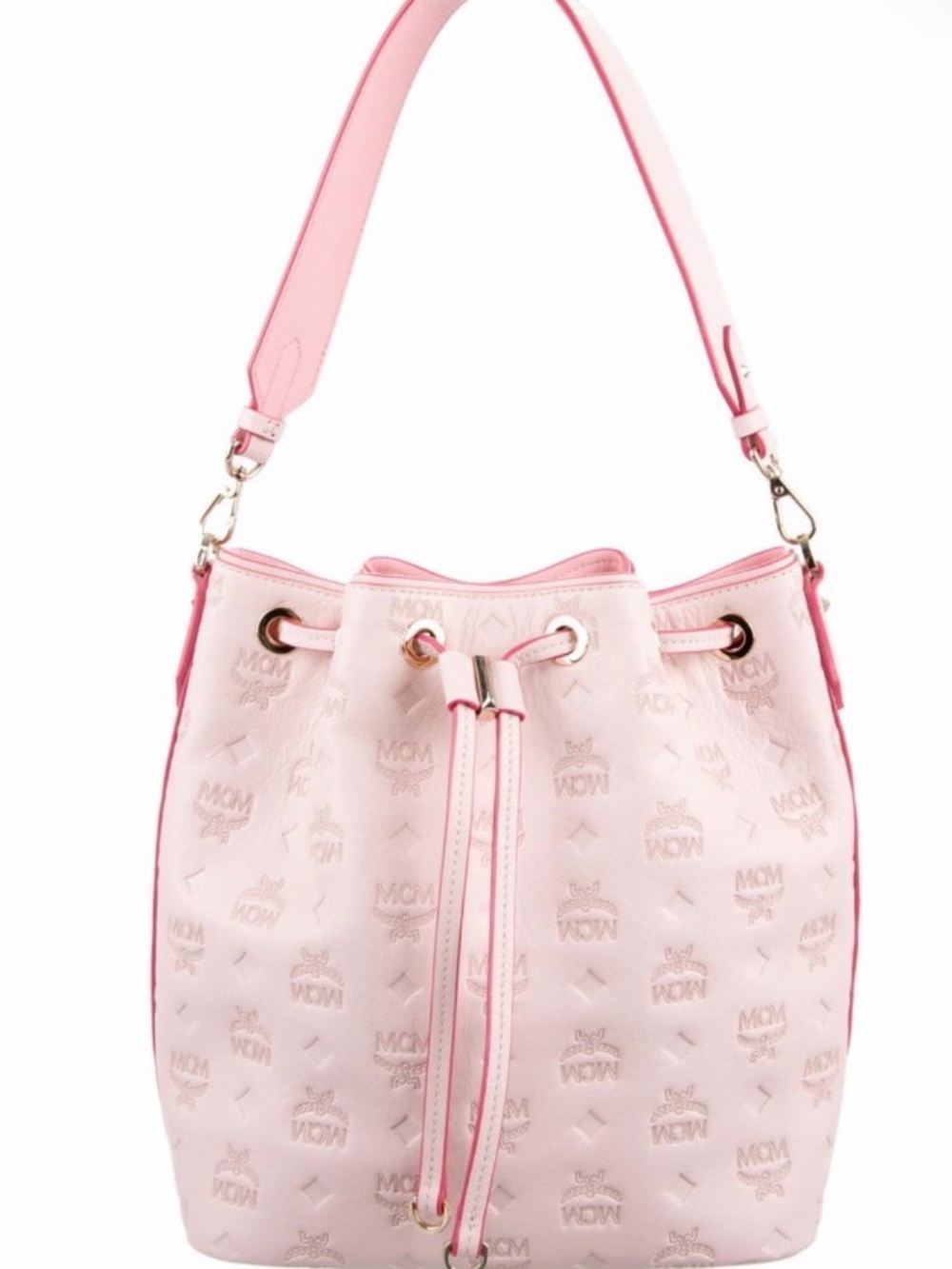 MCM Light Pink Embossed Drawstring Shoulder Bucket Bag